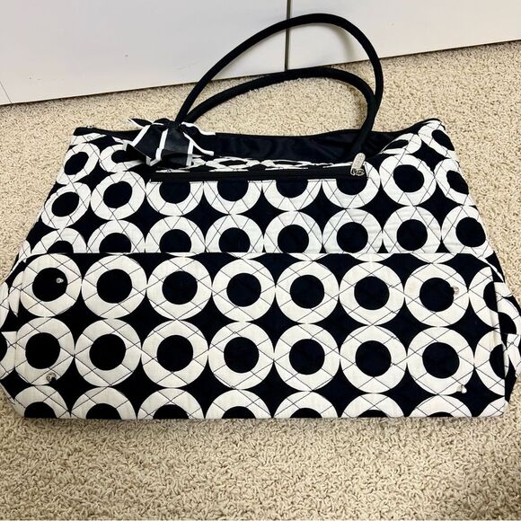 Weekender Travel Bag with Circle Pattern and Bow Tote Overnight Black and White - Picture 5 of 11